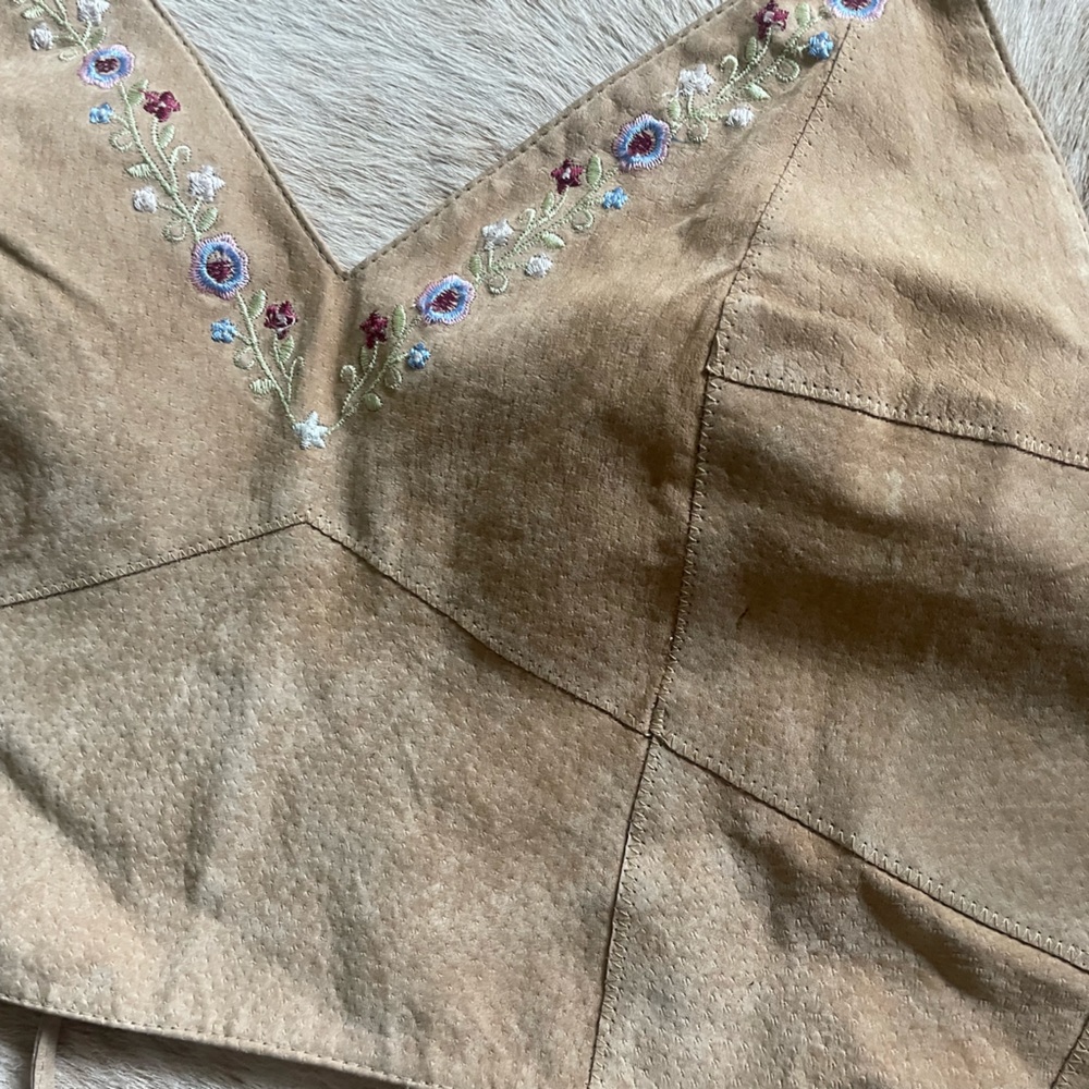 Passport Genuine Suede Leather Cropped Top Light Brown Embroidered Large